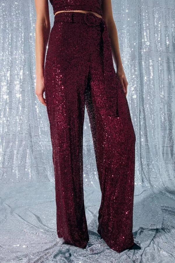 Belted Sequin Pants - Burgundy - 3