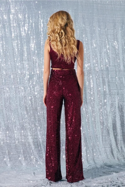 Belted Sequin Pants - Burgundy - 4