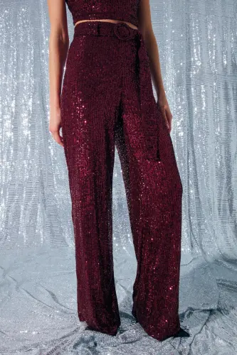 Belted Sequin Pants - Burgundy - 5