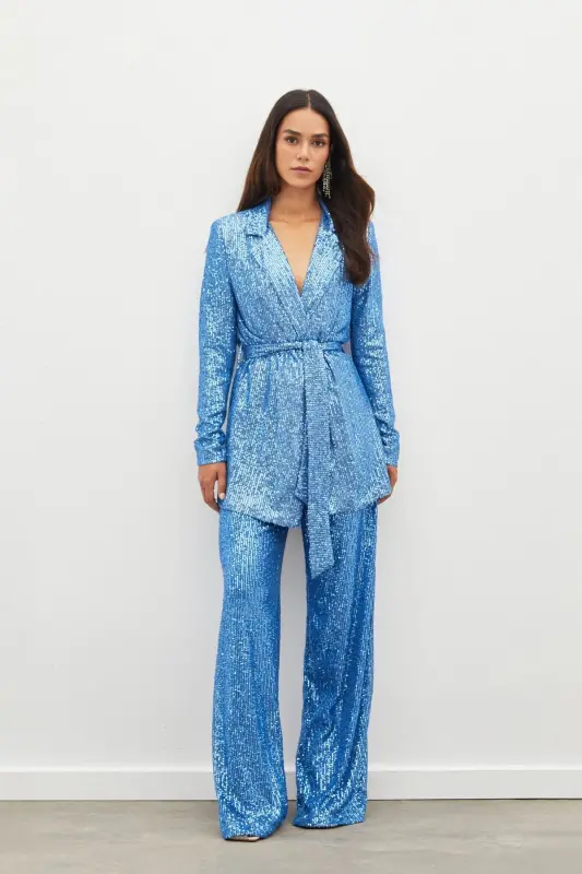 Belted Sequin Pants - INDIGO-INDIGO - 2