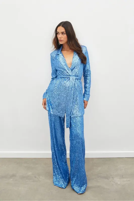 Belted Sequin Pants - INDIGO-INDIGO - 3