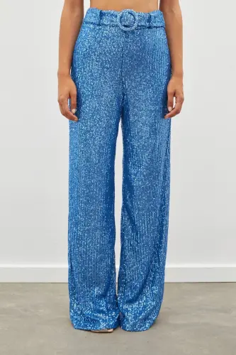 Belted Sequin Pants - INDIGO-INDIGO - 6