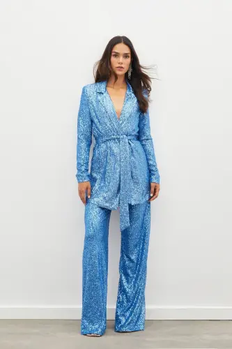 Belted Sequin Pants - INDIGO-INDIGO 