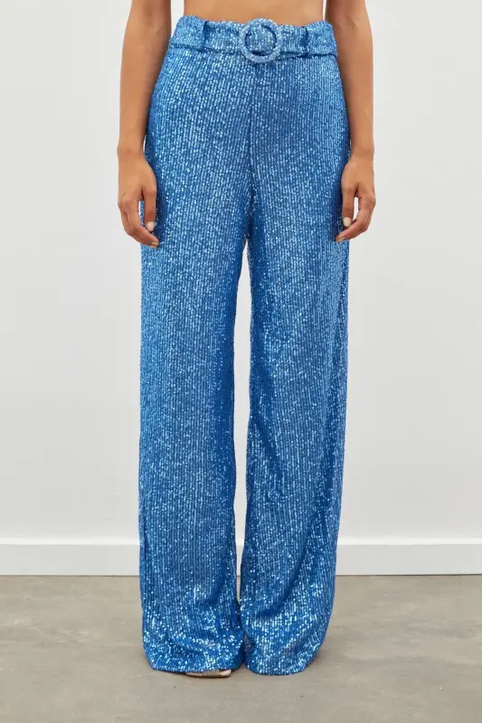 Belted Sequin Pants - INDIGO-INDIGO - 14