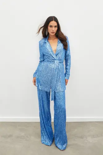 Belted Sequin Pants - INDIGO-INDIGO - 5