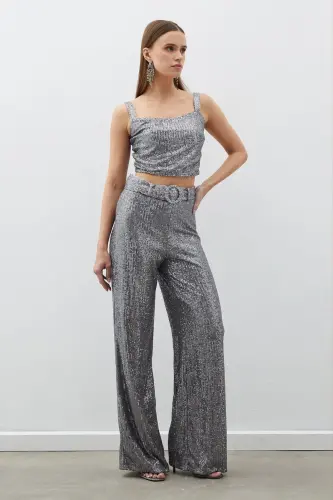 Belted Sequin Pants - Silver-SILVER 