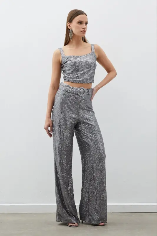 Belted Sequin Pants - Silver-SILVER - 1