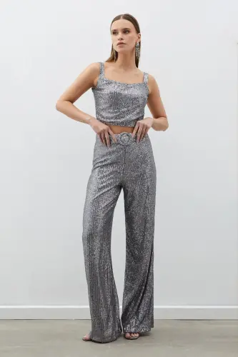 Belted Sequin Pants - Silver-SILVER - 3