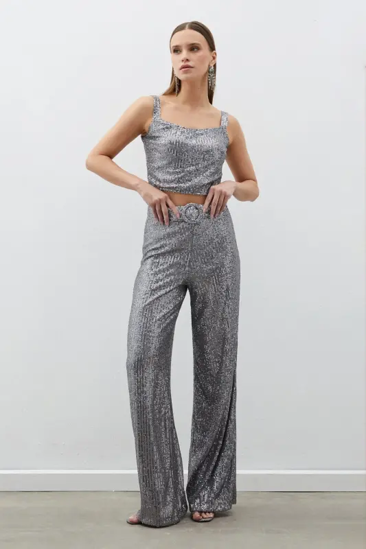 Belted Sequin Pants - Silver-SILVER - 3