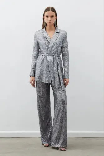 Belted Sequin Pants - Silver-SILVER - 4
