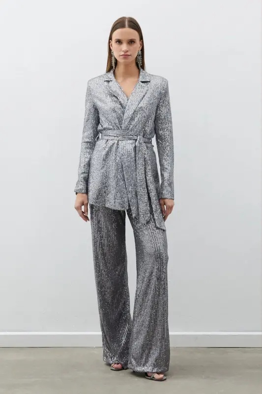 Belted Sequin Pants - Silver-SILVER - 4