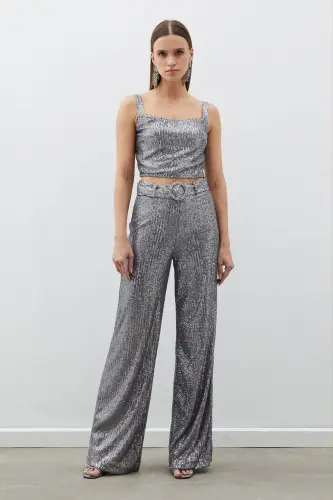 Belted Sequin Pants - Silver-SILVER - 5