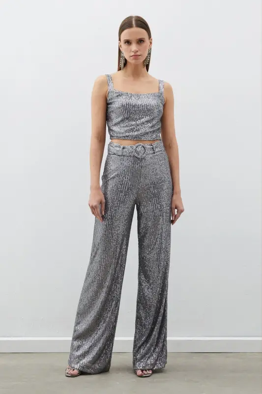 Belted Sequin Pants - Silver-SILVER - 5