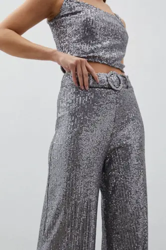 Belted Sequin Pants - Silver-SILVER - 6