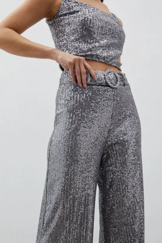 Belted Sequin Pants - Silver-SILVER - 6