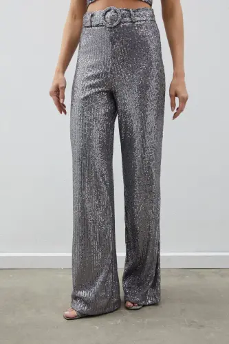 Belted Sequin Pants - Silver-SILVER - 7