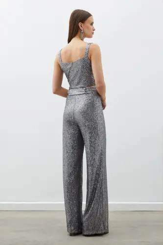 Belted Sequin Pants - Silver-SILVER - 8