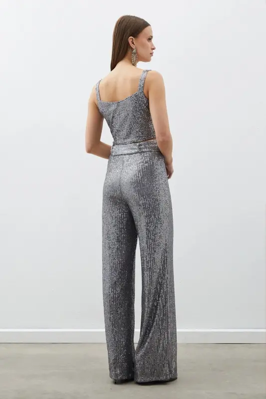 Belted Sequin Pants - Silver-SILVER - 8