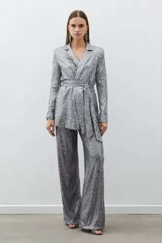 Belted Sequin Pants - Silver-SILVER - 4
