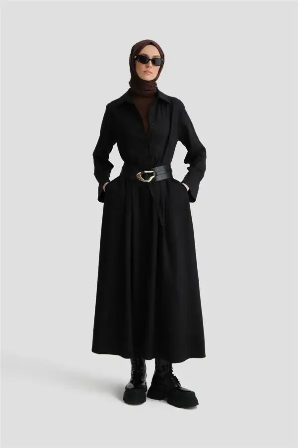Belted Shirtdress Ort9924 Black - 3