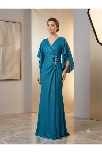 belted sleeve detailed plus size dress 39715 - petroleum blue - 1