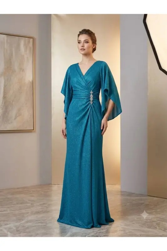 belted sleeve detailed plus size dress 39715 - petroleum blue - 1