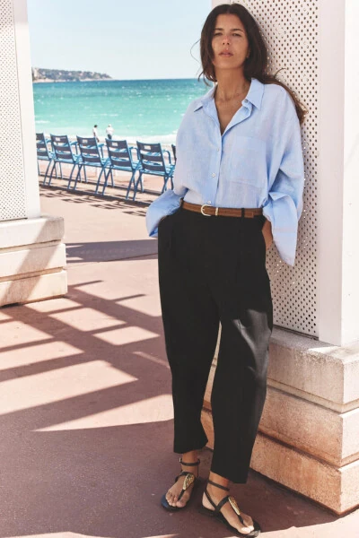 BELTED STRAIGHT LINEN PANTS-Black - MODAZONE