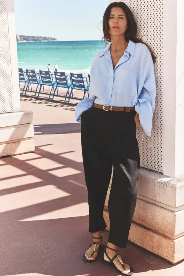 BELTED STRAIGHT LINEN PANTS-Black - 1