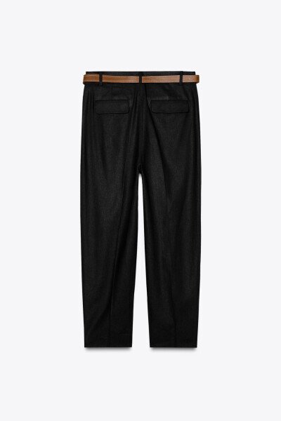 BELTED STRAIGHT LINEN PANTS-Black - 5