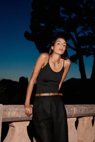 BELTED STRAIGHT LINEN PANTS-Black - 3