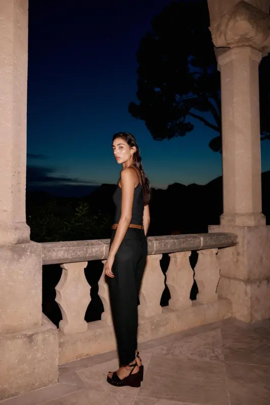 BELTED STRAIGHT LINEN PANTS-Black - 4