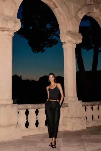 BELTED STRAIGHT LINEN PANTS-Black - 5