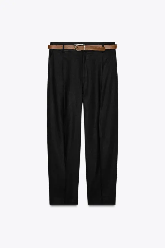 BELTED STRAIGHT LINEN PANTS-Black - 6