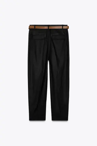 BELTED STRAIGHT LINEN PANTS-Black - 7