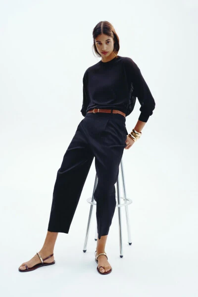 BELTED STRAIGHT LINEN TROUSERS-Black - MODAZONE