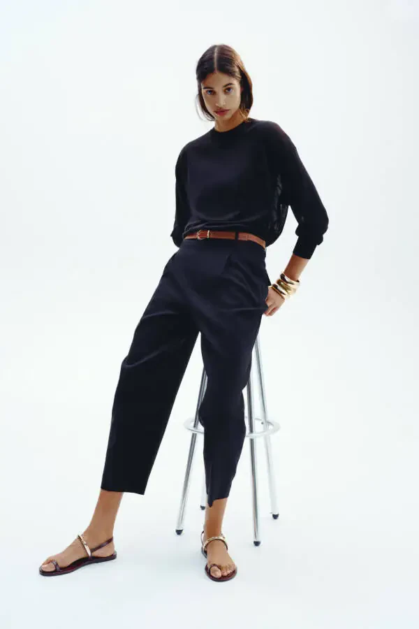 BELTED STRAIGHT LINEN TROUSERS-Black - 1