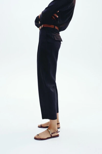 BELTED STRAIGHT LINEN TROUSERS-Black - MODAZONE (1)