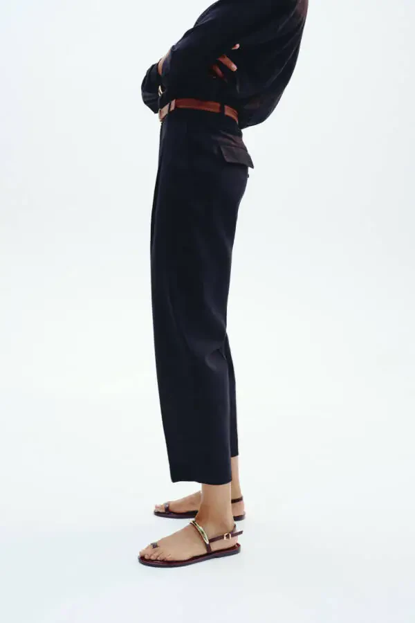 BELTED STRAIGHT LINEN TROUSERS-Black - 2
