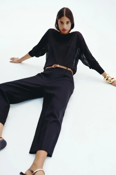 BELTED STRAIGHT LINEN TROUSERS-Black - 3
