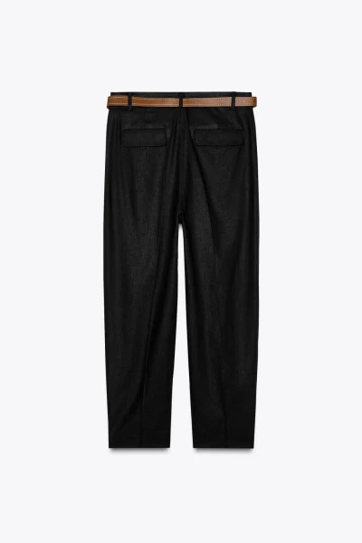 BELTED STRAIGHT LINEN TROUSERS-Black - 5