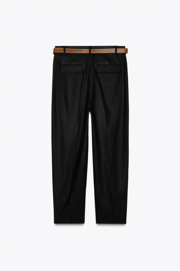 BELTED STRAIGHT LINEN TROUSERS-Black - 5