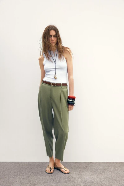 BELTED STRAIGHT LINEN TROUSERS-Light khaki - MODAZONE