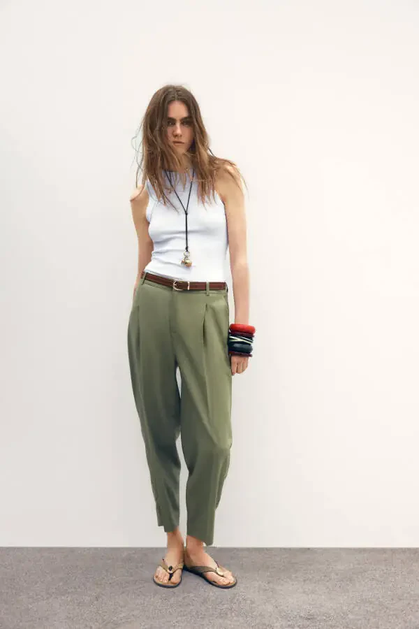 BELTED STRAIGHT LINEN TROUSERS-Light khaki - 1