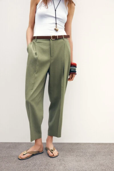 BELTED STRAIGHT LINEN TROUSERS-Light khaki - MODAZONE (1)