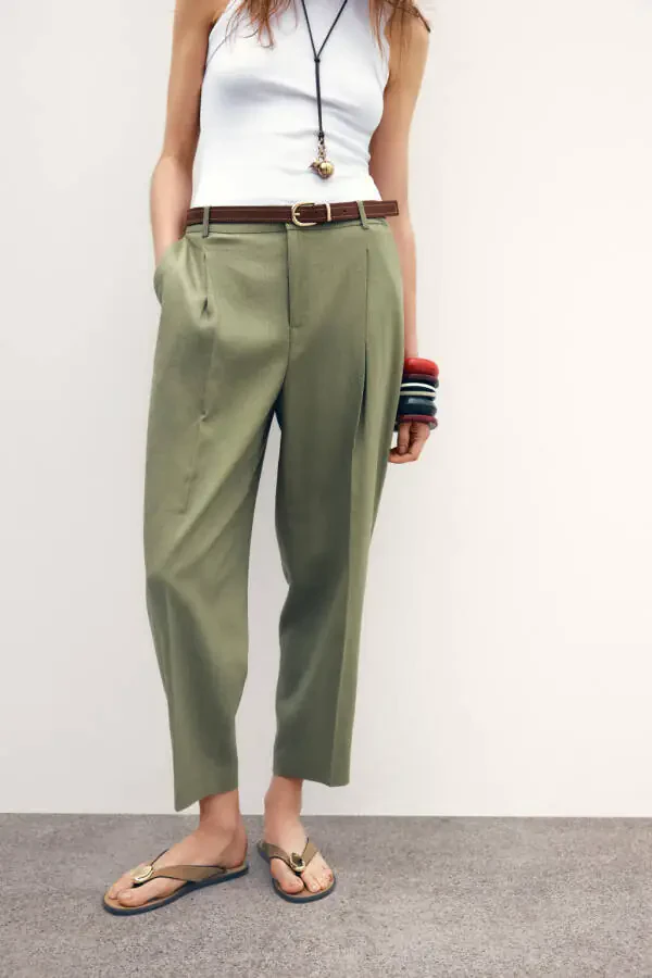 BELTED STRAIGHT LINEN TROUSERS-Light khaki - 2