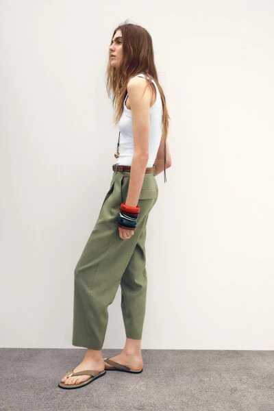 BELTED STRAIGHT LINEN TROUSERS-Light khaki - 3
