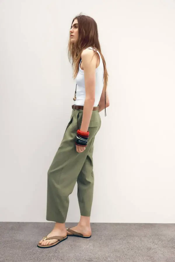 BELTED STRAIGHT LINEN TROUSERS-Light khaki - 3