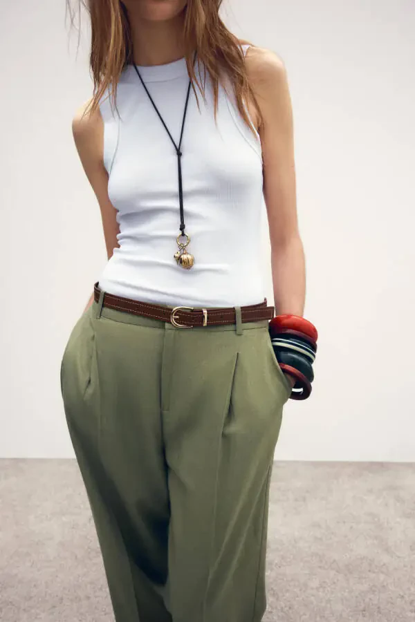 BELTED STRAIGHT LINEN TROUSERS-Light khaki - 5