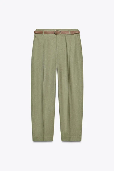 BELTED STRAIGHT LINEN TROUSERS-Light khaki - 6