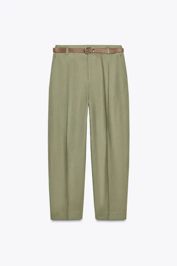 BELTED STRAIGHT LINEN TROUSERS-Light khaki - 6